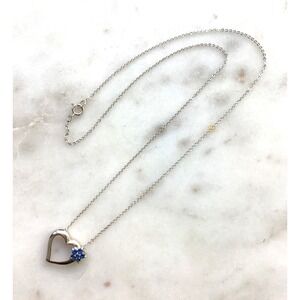 Vintage Sterling Silver Heart Pendant with Blue Stone Flower Necklace 18"